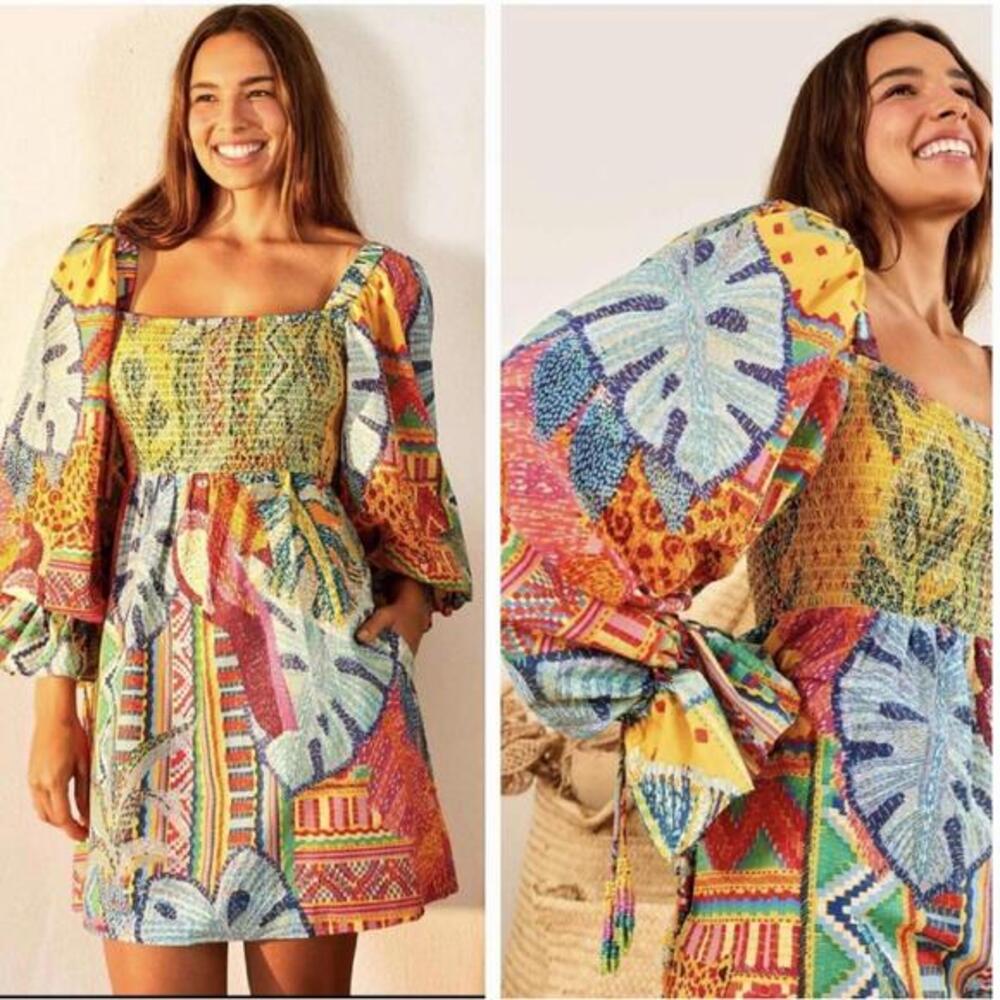 Farm Rio Colorful Patterned Long Sleeve Smocked Dress Size M
